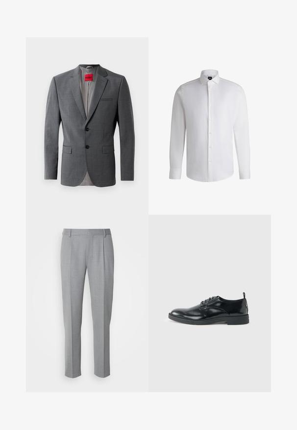 Grijze op maat gemaakte blazer met gekleurde revers, twee knopen en twee voorkruiszakken. Binnenkant gevoerd met lichtgrijze stof. Rode merklabel zichtbaar.; Witte lange mouwen shirt van soepel katoen, met een klassieke kraag, volledige knoopsluiting en knoopmanchetten. Minimalistisch ontwerp.; Grijze op maat gemaakte broeken met een gladde textuur, voorzien van een platte voorkant, rechte pijpen en subtiele plooien voor extra details.; Glanzende zwarte lederen nette schoen met lage hak, vetersluiting en ronde neus, van opzij getoond tegen een effen lichte achtergrond.