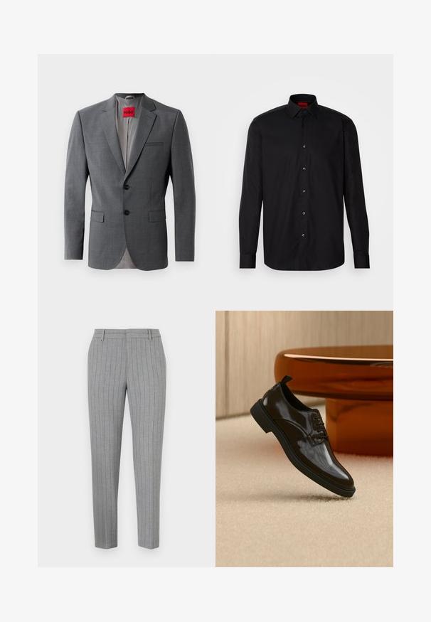 Blazer gris a medida con solapas de muesca, dos botones y dos bolsillos frontales. Forro interior de tela gris claro. Etiqueta de la marca roja visible.; Camisa negra de manga larga hecha de una tela suave, con un cuello clásico con tapa, cierre frontal de botones y un ajuste entallado.; Pantalones a rayas grises con un ajuste entallado, frente plano y bolsillos laterales. Fabricados con una tela suave y un brillo sutil.; Zapato de vestir negro brillante de cuero con cordones flotando sobre una alfombra beige con una mesa redonda marrón brillante al fondo.