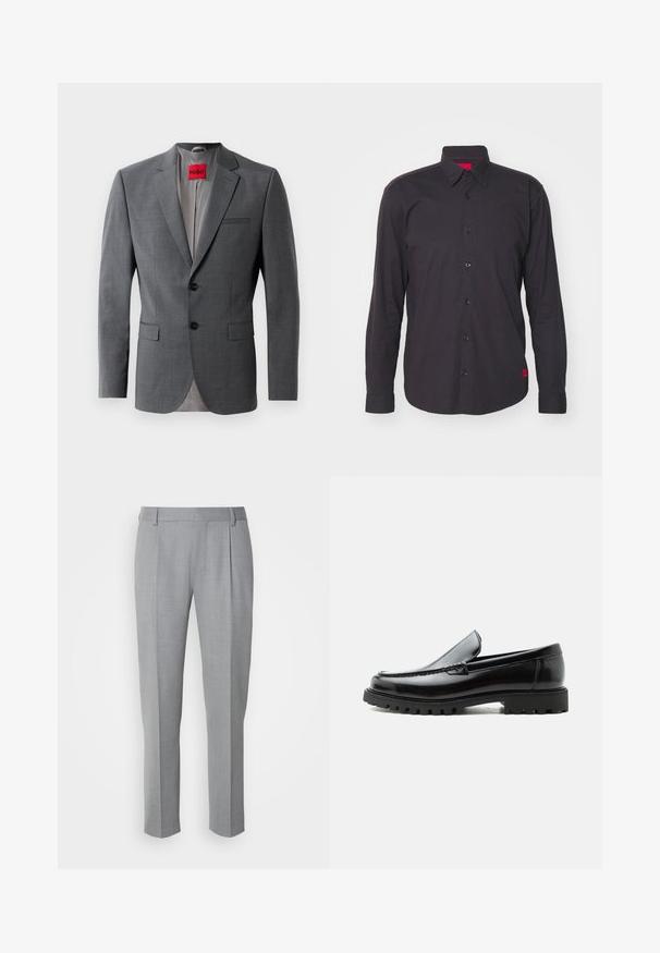 Blazer gris a medida con solapas de muesca, dos botones y dos bolsillos frontales. Forro interior de tela gris claro. Etiqueta de la marca roja visible.; Camisa negra de manga larga hecha de algodón, con cuello tipo punta, botonadura frontal y un acento rojo en el interior del cuello. Tejido texturizado sin patrones.; Pantalones grises a medida con una textura suave, que cuentan con un frente plano, piernas rectas y pliegues sutiles para un detalle adicional.; Mocasín de cuero negro con suela de goma gruesa, empeine cosido y nombre de la marca en relieve en el talón, mostrado en perfil lateral sobre fondo blanco.