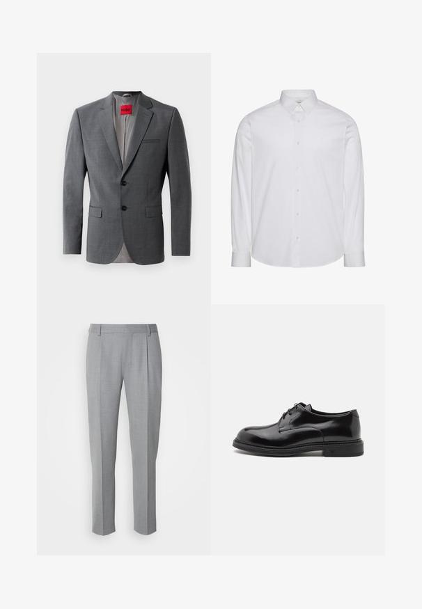 Blazer gris a medida con solapas de muesca, dos botones y dos bolsillos frontales. Forro interior de tela gris claro. Etiqueta de la marca roja visible.; Camisa blanca de manga larga con botones, hecha de algodón. Presenta un cuello estándar, tapeta frontal con botones y dobladillo redondeado. Logo de la marca discreto.; Pantalones grises a medida con una textura suave, que cuentan con un frente plano, piernas rectas y pliegues sutiles para un detalle adicional.; Zapato de vestir de cuero negro con un acabado suave, punta redondeada y cordones. Cuenta con una suela negra gruesa y un sutil detalle de costura a lo largo del borde.