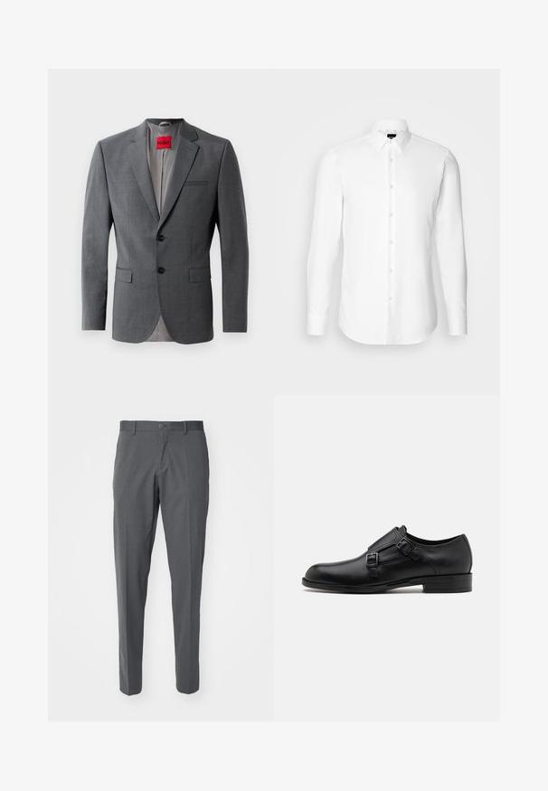 Blazer gris a medida con solapas de muesca, dos botones y dos bolsillos frontales. Forro interior de tela gris claro. Etiqueta de la marca roja visible.; Camisa blanca de manga larga, con cierre de botones en el frente, cuello clásico, confeccionada con una tela suave con una textura sutil, diseñada para un ajuste entallado.; Pantalones grises hechos de una tela suave, con cierre de botón, bolsillos delanteros y un diseño ajustado.; Zapato de vestir de cuero negro con doble hebilla, silueta elegante y punta redonda. Cuenta con un tacón bajo y una textura suave.