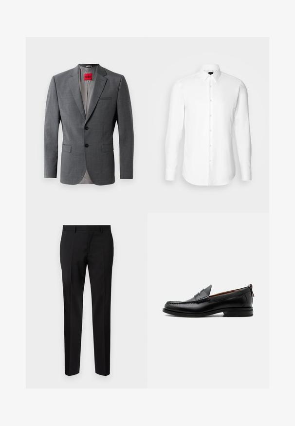 Grå skræddersyet blazer med klapkraver, to knapper og to frontlommer. Indersiden er foret med lys grå stof. Rød mærke synlig.; Hvid skjorte med lange ærmer, knaplukning foran, klassisk krave, lavet af glat stof med en subtil tekstur, designet til et tætsiddende udseende.; Sorte skræddersyede bukser lavet af glat stof, med lige ben, raffinerede folder og en klassisk talje med bæltestropper.; Sort læder herre loafer med moc-tå syning, penny strop, struktureret krave og lav stablet hæl på hvid baggrund.