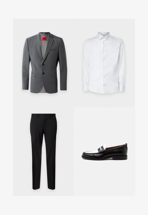 Grijze op maat gemaakte blazer met gekleurde revers, twee knopen en twee voorkruiszakken. Binnenkant gevoerd met lichtgrijze stof. Rode merklabel zichtbaar.; Witte lange mouw shirt gemaakt van gladde stof, met een klassieke kraag, knoopsluiting en manchetten met knopen, gepresenteerd tegen een effen achtergrond.; Zwarte op maat gemaakte broeken van een gladde stof, met een rechte pijp, verfijnde plooidetails en een klassieke tailleband met riemlussen.; Zwart-witte leren loafer met gestikte details, lage hak en slip-on ontwerp, zijaanzicht op een egale achtergrond.