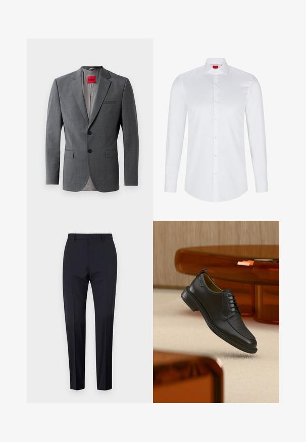 Blazer gris a medida con solapas de muesca, dos botones y dos bolsillos frontales. Forro interior de tela gris claro. Etiqueta de la marca roja visible.; Camisa blanca de manga larga con botones, hecha de algodón suave. Presenta un cuello clásico, una botonera completa y un dobladillo redondeado.; Pantalones de traje en color navy, de tiro plano, corte slim, con trabillas para cinturón y bolsillos laterales. Tejido suave con un acabado nítido, sin patrones ni acentos visibles.; Zapato de vestir negro de piel con cordones y parte delantera texturizada, flotando sobre una alfombra beige en una habitación moderna con muebles de tono ámbar.