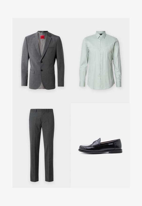 Blazer gris a medida con solapas de muesca, dos botones y dos bolsillos frontales. Forro interior de tela gris claro. Etiqueta de la marca roja visible.; Camisa de vestir para hombre de manga larga en verde claro, con cuello puntiagudo y botones blancos, mostrada sobre un fondo blanco liso.; Pantalones ajustados de color gris oscuro fabricados en un textil suave. Presentan perneras rectas, un frente plano y pasadores para cinturón. Sin patrones ni acentos visibles.; Mocasines de cuero negro con acabado brillante, que presentan un diseño cosido en la puntera y una suela baja de goma negra texturizada.