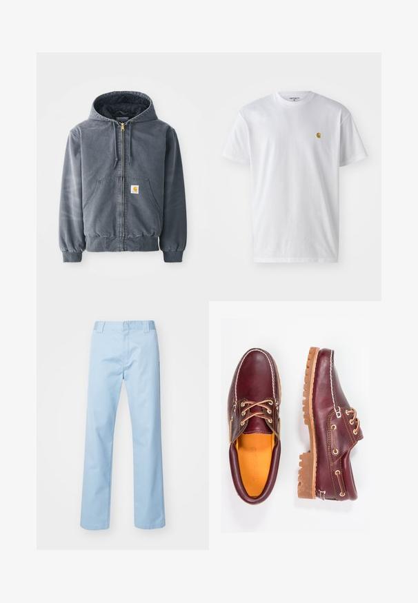 Sweat-shirt à capuche gris avec fermeture éclair sur le devant, deux grandes poches, poignets côtelés et un patch logo sur la poche gauche. Fabriqué en tissu durable.; T-shirt en coton blanc à manches courtes, col rond, avec un petit logo doré sur la poitrine gauche. Texture douce et coupe régulière.; Pantalon droit bleu clair en tissu mélangé de coton. Présente une taille plate à l'avant, des poches latérales et aucun motif ou embellissement visible.; Chaussures en cuir bourgogne avec semelles en caoutchouc marron, bout rond, couture blanche et œillets dorés. L'intérieur présente une doublure jaune.