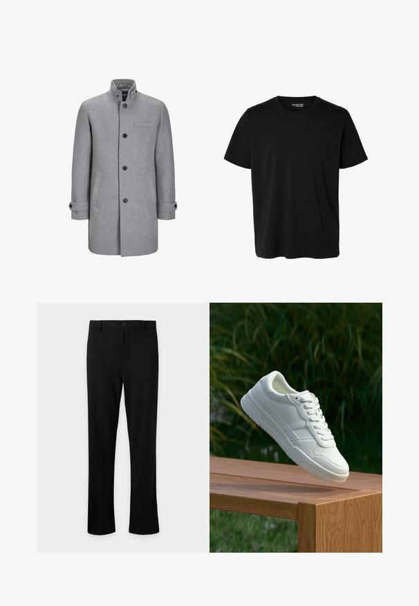 Grijze wollen jas met een hoge kraag, sluiting met knopen aan de voorkant, één borstzak en twee zijzakken. Heeft omgeslagen manchetten en een textuurafwerking.; Effen zwarte korte mouwen t-shirt met ronde hals in mannenmodel, zonder zichtbare patronen of logo's aan de voorkant.; Zwarte nette broek met rechte pijpen, knoop- en ritssluiting, riemlussen en geen zichtbare zakken, getoond tegen een effen lichte achtergrond.; Witte leren sneaker met een gladde textuur, voorzien van een geperforeerd ontwerp, klassieke vetersluiting en rubberen zool, gepositioneerd boven een houten oppervlak.