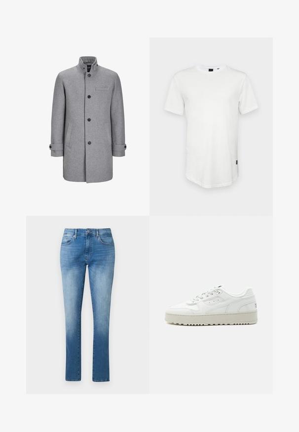 Grau wollener Mantel mit hochstehendem Kragen, vorderem Knopfverschluss, einer Brusttasche und zwei seitlichen Taschen. Merkmale sind umgeschlagene Manschetten und eine strukturierte Oberfläche.; Weißes T-Shirt mit kurzen Ärmeln aus Baumwolle, mit Rundhalsausschnitt und einem leicht verlängerten Rückenteil, sowie einem kleinen Logo-Akzent an der Seite.; Blaue Jeans mit geradem Bein, mittlerer Bundhöhe, Knopf- und Reißverschluss und klassischem Fünf-Taschen-Design.; Weißer Sneaker in niedriger Ausführung mit dicker Sohle, Schnürverschluss vorne, perforierten Details und gepolstertem Schaft auf schlichtem hellgrauem Hintergrund.