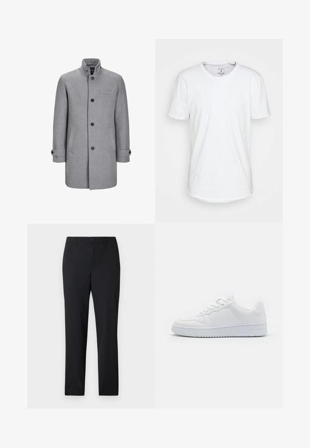 Grau wollener Mantel mit hochstehendem Kragen, vorderem Knopfverschluss, einer Brusttasche und zwei seitlichen Taschen. Merkmale sind umgeschlagene Manschetten und eine strukturierte Oberfläche.; Weißes T-Shirt mit kurzen Ärmeln aus Baumwolle und klassischem Rundhalsausschnitt. Verfügt über einen leicht abgerundeten Saum und minimale Nähdetails.; Schwarze Hosen mit geradem Bein, Knopfverschluss und Gürtelschlaufen, entworfen für formelle oder geschäftliche Anlässe.; Weiße Sneaker aus glattem Synthetikmaterial, ausgestattet mit flachen Schnürsenkeln, perforierter Zehenpartie und einer gummierten Sohle mit einem strukturierten Grip-Muster.