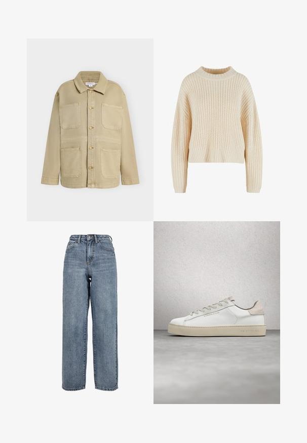 Veste beige à boutons avec quatre poches plaquées à l'avant, manches longues et col pointu, présentée sur un fond uni.; Pull en tricot crème avec un col haut en côtes, des manches larges et un motif texturé sur l'ensemble. Design court avec un ourlet en côtes.; Jean large en denim bleu clair, avec taille haute, design à cinq poches et couture visible le long des coutures.; Sneaker en cuir blanc avec une finition lisse, accents en suède beige, bout arrondi, design à lacets plats et semelle en caoutchouc texturée.