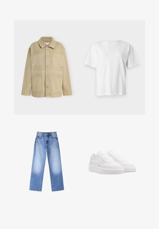 Veste beige à boutons avec quatre poches plaquées à l'avant, manches longues et col pointu, présentée sur un fond uni.; T-shirt blanc uni à manches courtes et col rond, présenté à plat sur un fond gris clair.; Jean en denim bleu taille haute, jambes larges et droites, avec des zones délavées sur les cuisses, boutonnière avant et poches sur fond blanc.; Baskets blanches avec une tige en suède et en cuir perforé, lacets plats, col rembourré et une semelle en caoutchouc épaisse et texturée.
