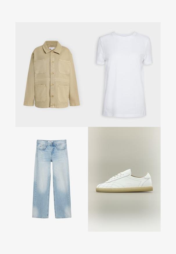 Veste beige à boutons avec quatre poches plaquées à l'avant, manches longues et col pointu, présentée sur un fond uni.; T-shirt blanc uni à manches courtes, col rond, coupe régulière, avec une petite étiquette à l’intérieur du col indiquant "SELECTED FEMME."; Jean bleu clair à jambes larges avec cinq poches, passants pour ceinture, fermeture par bouton et légère décoloration sur l'avant des cuisses et des genoux.; Baskets basses en cuir blanc avec semelle beige, lacets et motifs cousus subtils sur fond neutre.