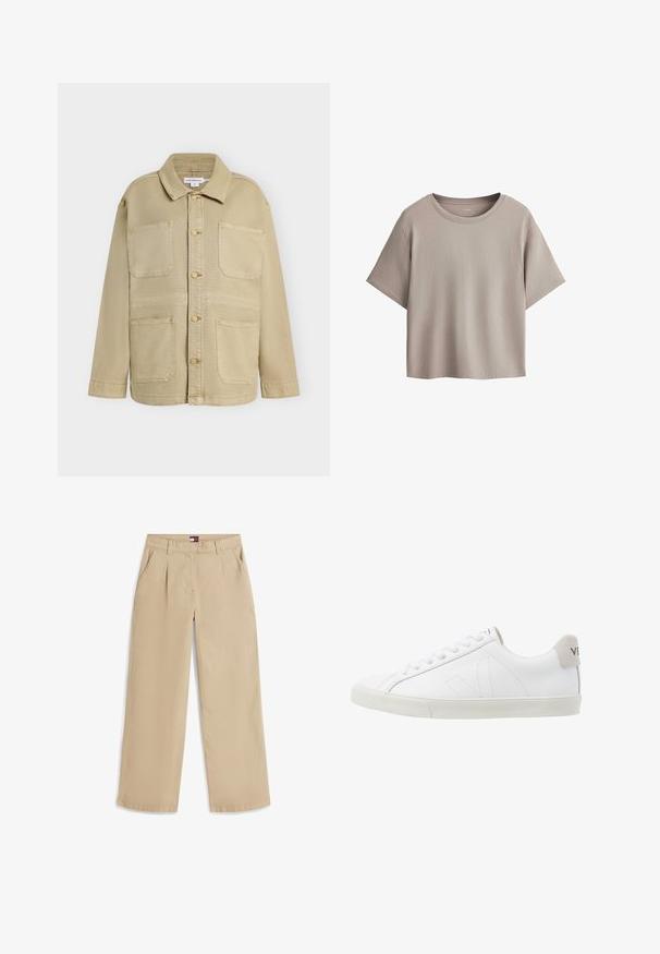 Veste beige à boutons avec quatre poches plaquées à l'avant, manches longues et col pointu, présentée sur un fond uni.; T-shirt beige court en coton à manches courtes avec col rond, présenté à plat sur fond blanc.; Pantalon beige droit avec plis devant, poches latérales, passants de ceinture et petite étiquette logo à l'intérieur de la ceinture.; Baskets en cuir blanc avec une semelle en caoutchouc texturée et blanc cassé. Les caractéristiques incluent des lacets, des coutures discrètes et un accent en daim gris au niveau du talon.