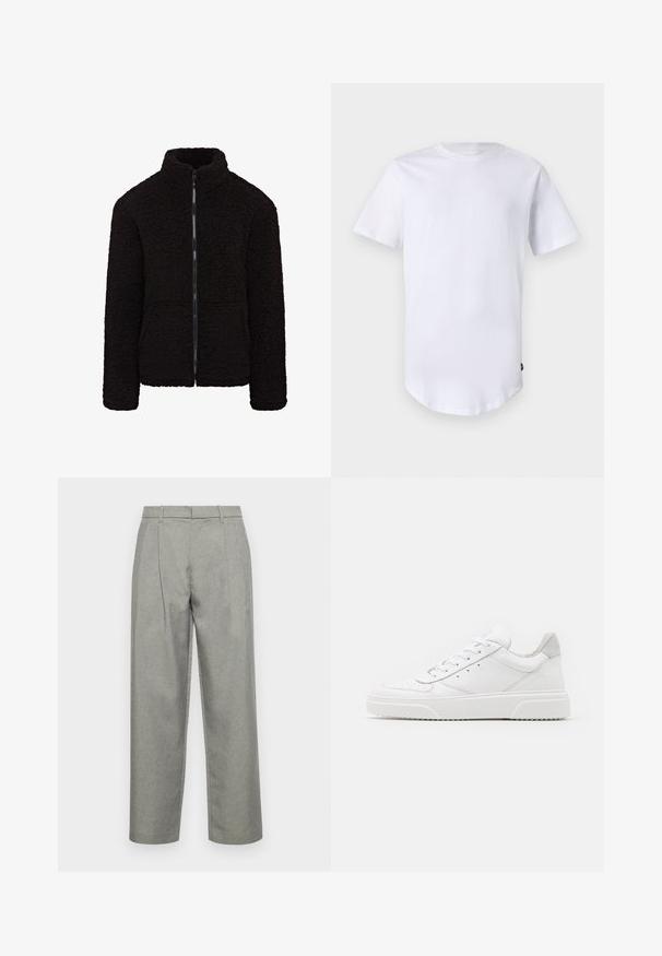 Chaqueta de forro polar negra con un alto cuello, cremallera frontal completa y tejido texturizado. Cuenta con mangas largas y un ajuste relajado. No tiene bolsillos visibles.; Camiseta blanca de manga corta hecha de algodón. Diseño de cuello redondo con dobladillo curvado. Etiqueta visible en el lado inferior izquierdo. Textura suave.; Pantalones gris ajustados hechos de tela texturizada, con un diseño de pierna recta, pliegues frontales y una cinturilla estándar con lazos para cinturón.; Zapatillas de cuero blanca con un acabado suave, punta redondeada, cordones planos y una suela texturada. Acento de ante gris en el talón.