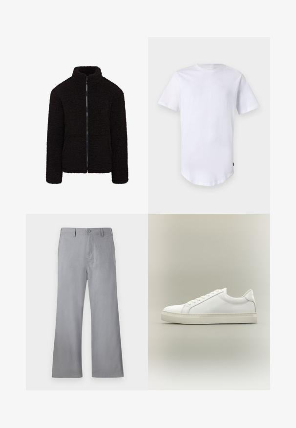 Schwarze Fleecejacke mit hohem Kragen, durchgehendem Reißverschluss und strukturiertem Stoff. Hat lange Ärmel und eine lockere Passform. Keine sichtbaren Taschen.; Weißes T-Shirt mit kurzen Ärmeln aus Baumwolle. Rundhalsausschnitt mit abgerundetem Saum. Etikett auf der unteren linken Seite sichtbar. Glatte Textur.; Graue weite Hosen aus weichem Stoff, mit einem vorderen Knopfverschluss, Gürtelschlaufen und einem schlichten Design ohne sichtbare Muster oder Akzente.; Weißer Sneaker mit niedrigem Schaft, vorn mit Schnürung und dicker Sohle, aus der Seitenansicht vor neutralem Hintergrund.