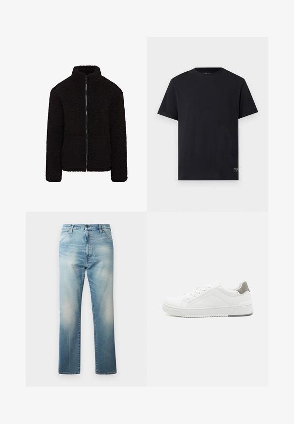 Schwarze Fleecejacke mit hohem Kragen, durchgehendem Reißverschluss und strukturiertem Stoff. Hat lange Ärmel und eine lockere Passform. Keine sichtbaren Taschen.; Schwarzes T-Shirt mit kurzen Ärmeln und Rundhalsausschnitt, mit einem kleinen rechteckigen Logo-Patch nahe dem unteren Saum auf hellem Hintergrund.; Replay WAINE PANTS - Jeans Relaxed Fit - light blue; Weißer Sneaker aus glattem Leder, runde Zehenpartie, minimalistisches Design, graue Fersenkante und strukturierte Gummisohle.