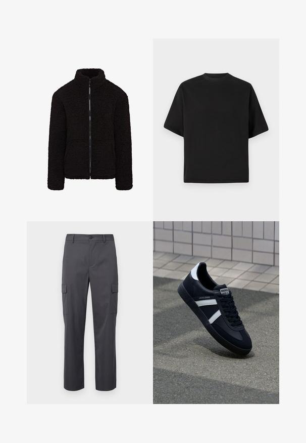 Schwarze Fleecejacke mit hohem Kragen, durchgehendem Reißverschluss und strukturiertem Stoff. Hat lange Ärmel und eine lockere Passform. Keine sichtbaren Taschen.; Schwarzes T-Shirt mit kurzen Ärmeln in lockerer Passform, aus glattem Baumwollmaterial, mit rundem Ausschnitt und minimalistischem Design.; Kohlgraue Cargo-Hosen aus glattem Stoff, mit geradem Bein, zwei Seitentaschen und einem Knopfverschluss an der Taille.; Schwarze Leder-Sneaker mit weißen Streifen, strukturiertem Gummisohle und Schnürung. Verfügt über ein Markenetikett auf der Zunge.