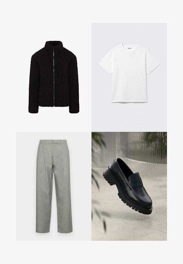Chaqueta de forro polar negra con un alto cuello, cremallera frontal completa y tejido texturizado. Cuenta con mangas largas y un ajuste relajado. No tiene bolsillos visibles.; Camiseta blanca de manga corta con cuello redondo, colocada plana, diseño liso, con etiqueta "WEEKDAY" en el interior del cuello sobre un fondo claro.; Pantalones gris ajustados hechos de tela texturizada, con un diseño de pierna recta, pliegues frontales y una cinturilla estándar con lazos para cinturón.; Mocasines de cuero negro con suela gruesa, que presentan una correa decorativa y detalles de costura. Textura suave con un acabado pulido.