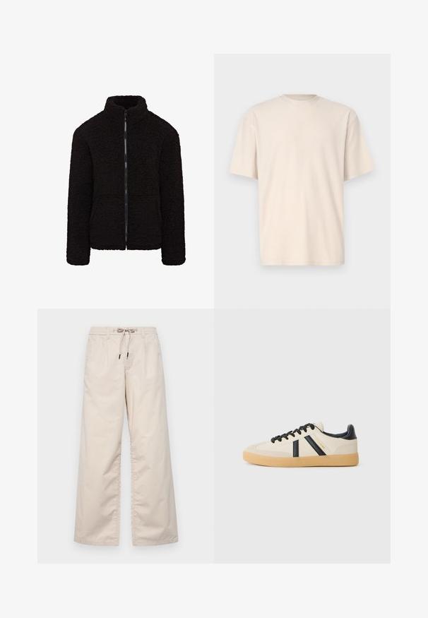 Chaqueta de forro polar negra con un alto cuello, cremallera frontal completa y tejido texturizado. Cuenta con mangas largas y un ajuste relajado. No tiene bolsillos visibles.; Only & Sons ONSFRED RELAXED PLIZZE TEE - Camiseta básica - moonstruck; Pantalones de pierna ancha en beige claro con cintura elástica y cordón. Tejido de algodón suave con dos pliegues frontales y sin bolsillos visibles.; Zapatillas casuales en crema con rayas negras, con parte superior texturizada y suela de goma. Los cordones son negros. Logo sutil en el costado.