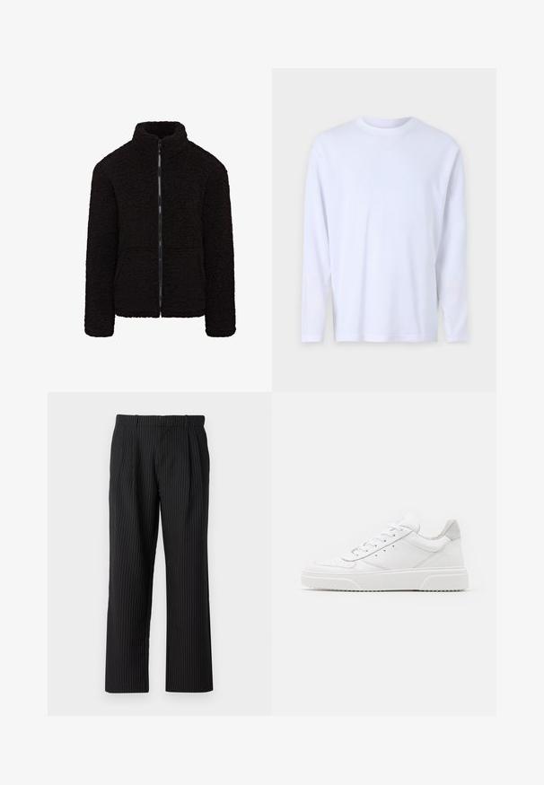 Schwarze Fleecejacke mit hohem Kragen, durchgehendem Reißverschluss und strukturiertem Stoff. Hat lange Ärmel und eine lockere Passform. Keine sichtbaren Taschen.; Weißes Langarm-T-Shirt aus weicher Baumwolle, mit Rundhalsausschnitt und dezenten Nähdetails an der Vorderseite und den Schultern.; Jack & Jones Classic Wide Leg Fit - Stoffhose - black; Weiße Leder-Sneaker mit glatter Oberfläche, rundem Zehenbereich, flachen Schnürsenkeln und strukturiertem Schuhsohlen. Graues Wildleder-Detail an der Ferse.