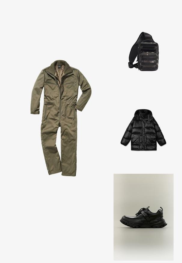 Schwarze Pufferjacke mit hochschließendem Kragen, Reißverschluss und zwei großen Fronttaschen. Glänzender, gestepptes Material mit glatter Textur.; Olivgrüner Overall aus strapazierfähigem Material, mit Reißverschluss vorne, geripptem Kragen und mehreren mit Reißverschluss versehenen Taschen auf der Brust und an den Seiten.; Schwarzer klobiger Sportschuh mit verstellbarem Riemen, Schnürzug und robustem Profil, seitlich auf neutralem Hintergrund dargestellt.; Kompakte schwarze und graue Camouflage-Taktik-Slingtasche mit mehreren Reißverschlussfächern und verstellbarem, gepolstertem Schultergurt.