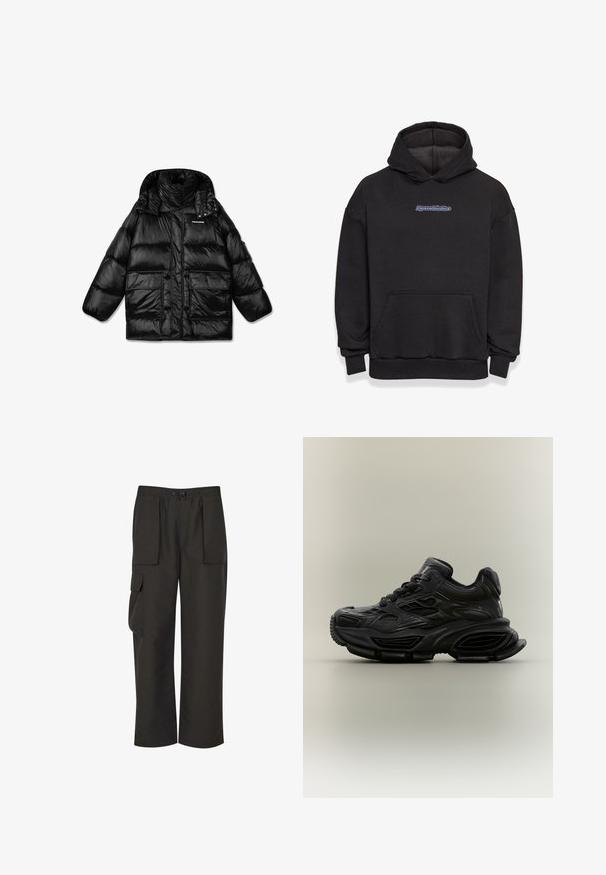 Schwarze Pufferjacke mit hochschließendem Kragen, Reißverschluss und zwei großen Fronttaschen. Glänzender, gestepptes Material mit glatter Textur.; Schwarzer Kapuzenpullover aus einem Baumwollmischgewebe. Verfügt über eine vordere Tasche und ein Logo in Blau und Rot. Gerippte Bündchen und Saum.; Urban Classics TECHNICAL - Cargohose - black; Schwarzer klobiger Sneaker mit strukturiertem Design, dicker Sohle und Schnürverschluss vor schlichtem neutralem Hintergrund.
