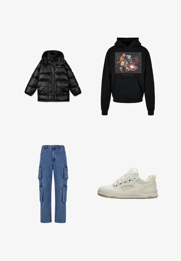 Schwarze Pufferjacke mit hochschließendem Kragen, Reißverschluss und zwei großen Fronttaschen. Glänzender, gestepptes Material mit glatter Textur.; Schwarzer Hoodie mit einem vorderen Grafikdesign eines rot-weißen Sneakers, umgeben von floralen Elementen, mit dem Wort "RENAISSANCE" darunter.; Blaue Denim-Cargo-Hosen mit weitem Bein, vier großen seitlichen Taschen und kontrastierenden Nähten. Die Textur ist glatt mit einer verwaschenen Optik.; Weißer Sneaker mit niedrigem Schaft, dicken weißen Schnürsenkeln, Mesh-Seitenteilen, strukturierter Sohle und Zuglasche an der Ferse vor weißem Hintergrund.