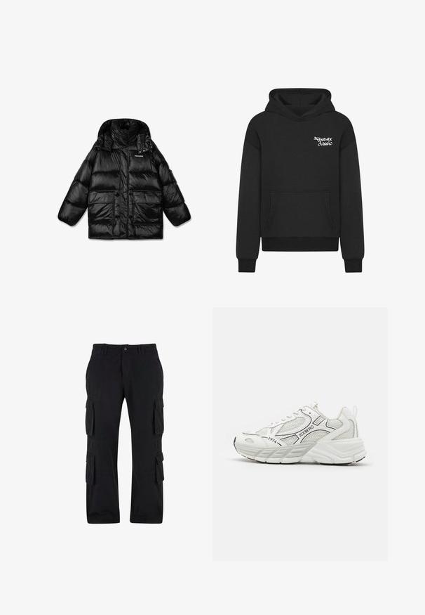 Must must vest, mille kõrge krae, lukuga ja kahe suure esipocketiga. Läikiv, tikitud materjal, mis on sileda tekstuuriga.; Must mustri kapuutsweater, millel on eesmine tasku, millel on rinna peal valge "Igavesti Klassikaline" logo. Valmistatud pehmest ja tekstuurist kangast.; Mustadest puuvillast valmistatud cargo-pükstest, mis on varustatud mitmete küljetaskutega, lõdva istuvuse ja sirge säärega disainiga.; Valged sportlikud jalanõud koos võrkpaneelidega, tekstuursete ülekatetega, mustade aktsentidega ning paksu tallaga. Omab brändinime "ICEBERG" ja aastat "1974."