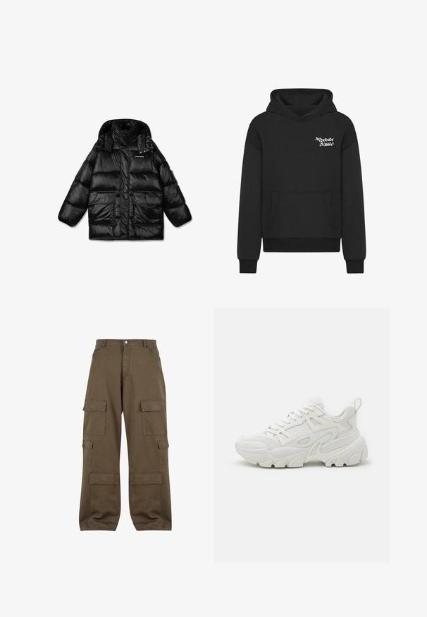 Sort pufferjakke med høj krave, lynlås og to store forlommer. Skinnende, quiltet stof med en glat tekstur.; Sort hætte sweatshirt med en frontlomme, der har et hvidt "Forever Classic" logo på brystet. Lavet af blødt, tekstureret stof.; Cargo bukser i olivengrøn bomuld, med flere sidelommer, knaplukning og afslappet pasform.; Hvide atletiske sneakers med en struktureret overdel, netpaneler, fremtrædende gummisål og dekorative udsparinger på siden.