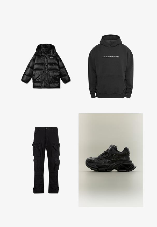 Zwarte pufferjack met een hoge kraag, ritssluiting en twee grote zijzakken. Glanzende, gestikte stof met een gladde textuur.; Dropsize MOBILE PHONE DESIGN - Hoodie - washedblack; Zwarte cargo-broeken gemaakt van duurzaam materiaal, met meerdere zakken, ritsafsluitingen en een relaxed fit met verstelbare manchetten bij de enkels.; Zwarte chunky sneaker met textuurontwerp, dikke zool en vetersluiting, weergegeven tegen een eenvoudige neutrale achtergrond.