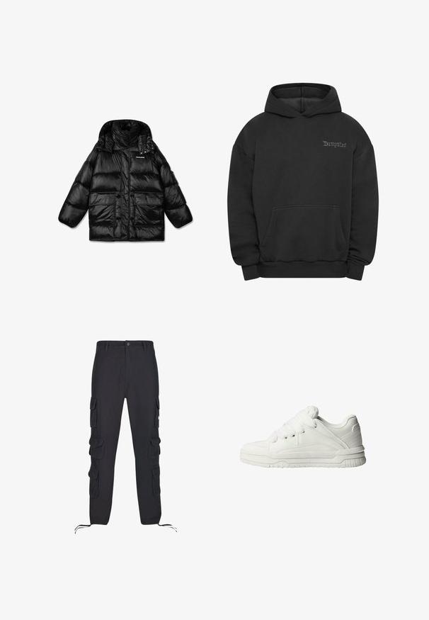 Zwarte pufferjack met een hoge kraag, ritssluiting en twee grote zijzakken. Glanzende, gestikte stof met een gladde textuur.; Dropsize HEAVY BROKEN DREAMS - Hoodie - washed black; Zwarte cargobroek van katoen, met meerdere zijzakken, elastischekoordjes bij de enkels en een knoopsluiting bij de taille.; Witte sneakers met een gladde leren buitenkant, een gevoerde tong, platte veters en getextureerde accenten aan de zijkanten en hiel.