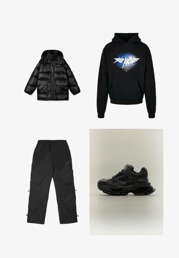 Zwarte pufferjack met een hoge kraag, ritssluiting en twee grote zijzakken. Glanzende, gestikte stof met een gladde textuur.; Zwarte hoodie met een centraal wit grafisch ontwerp met een blauw en grijs burst-ontwerp en de tekst "Higher than Heaven" in gestileerde lettertype. Voorzak.; Zwarte cargobroek gemaakt van een lichtgewicht, gestructureerd materiaal. Beschikt over een elastische tailleband, meerdere grote zakken en verstelbare manchetten.; Zwarte chunky sneaker met textuurontwerp, dikke zool en vetersluiting, weergegeven tegen een eenvoudige neutrale achtergrond.