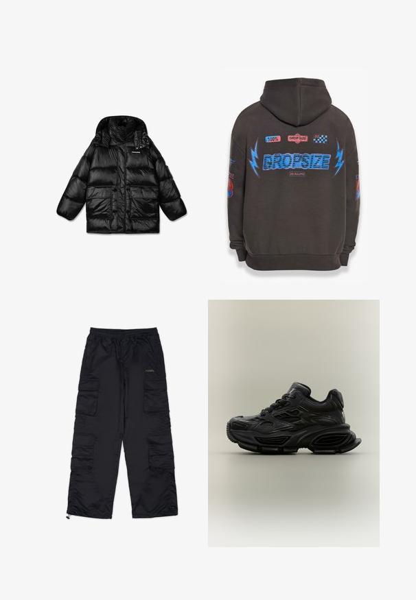 Schwarze Pufferjacke mit hochschließendem Kragen, Reißverschluss und zwei großen Fronttaschen. Glänzender, gestepptes Material mit glatter Textur.; Dunkelgrauer Hoodie mit großem blauen "DROPSIZE"-Text und bunten Grafiken. Mit Kapuze, gerippten Bündchen und verschiedenen aufgedruckten Patches.; Schwarze Cargo-Hosen mit einem elastischen Bund, mehreren Seitentaschen und Reißverschlussabschlüssen. Aus glattem, leichtem Material gefertigt.; Schwarzer klobiger Sneaker mit strukturiertem Design, dicker Sohle und Schnürverschluss vor schlichtem neutralem Hintergrund.