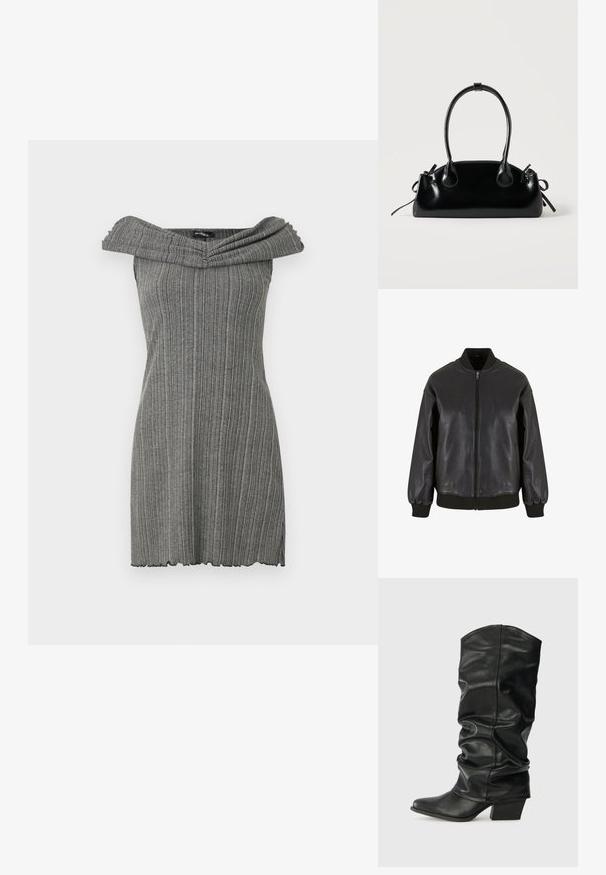 La chaqueta bomber de cuero negro presenta un cierre frontal con cremallera, puños y collar de canalé, con una textura suave y un diseño de corte relajado.; Vestido gris con hombros descubiertos, de textura acanalada vertical, con un escote ancho y doblado y un dobladillo con forma de concha.; Botas de cuero negro hasta la rodilla con un diseño arrugado, punta afilada y un tacón grueso, con una textura suave y una costura mínima.; Pequeño bolso negro brillante con dos asas largas y detalles de cordón lateral sobre un fondo claro liso.