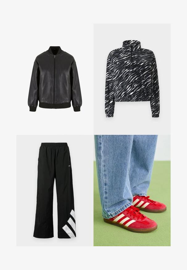 Zwarte leren bomberjack met een frontale rits, ribgebreide manchetten en kraag, met een gladde textuur en een ontspannen pasvorm.; Zwart-witte fleece pullover met een opstaande hals en een kwart rits, met een golfpatroon en een ontspannen, cropped ontwerp.; Zwarte broek met wijde pijpen van lichtgewicht materiaal, met een elastische tailleband en een witte diagonale streep op het linkerbeen.; Rode suède sneakers met drie witte strepen, ronde neus en gestructureerde zool, gecombineerd met lichtblauwe spijkerbroek op een groene achtergrond.