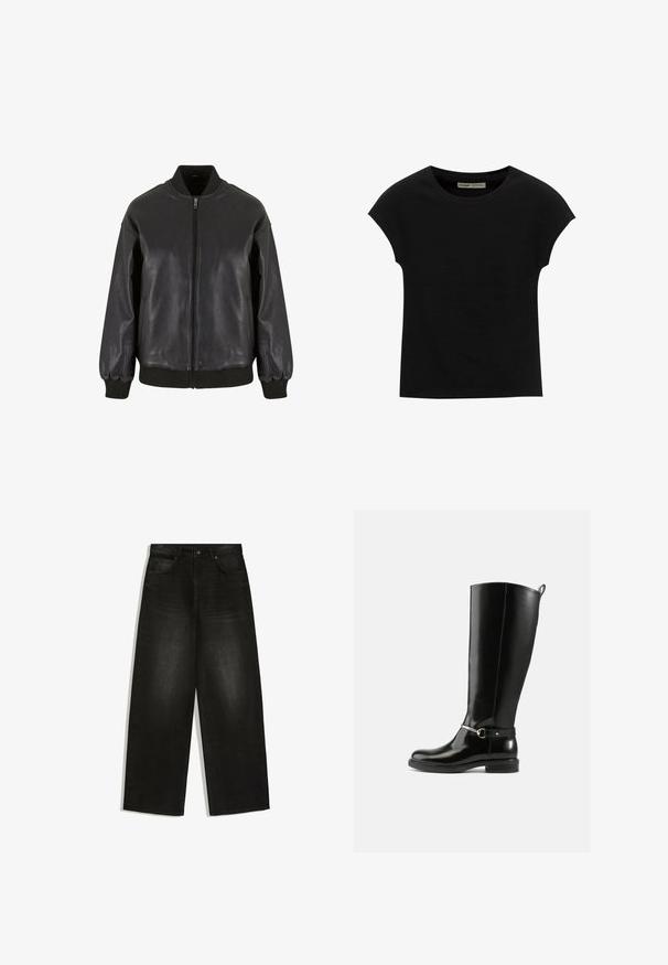 La veste bomber en cuir noir présente une fermeture éclair sur le devant, des poignets et un col côtelés, avec une texture lisse et un design à coupe décontractée.; T-shirt noir à manches courtes avec un col rond. Confectionné en coton lisse et extensible. Design simple sans motifs ni graphismes.; Jean en denim noir à jambes larges, fermeture devant par bouton et zip, passants de ceinture et deux poches avant sur fond blanc.; Bottes noires montantes en cuir verni, avec un détail de boucle argentée à la cheville et une conception à bout arrondi. Semelle plate.
