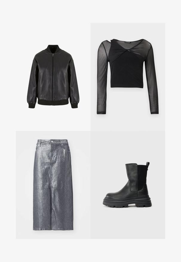 La chaqueta bomber de cuero negro presenta un cierre frontal con cremallera, puños y collar de canalé, con una textura suave y un diseño de corte relajado.; Top negro de manga larga recortado con parte superior de malla transparente en el pecho, hombros y mangas, con un detalle frontal torcido en el escote.; Falda de mezclilla metálica plateada, a la altura de la rodilla, con forma estructurada, cierre frontal de botones y trabillas para cinturón. Textura lisa con diseño minimalista.; Botas de cuero negras hasta el tobillo con una punta ligeramente redondeada, paneles laterales elásticos y una suela de goma gruesa que presenta un patrón texturizado.