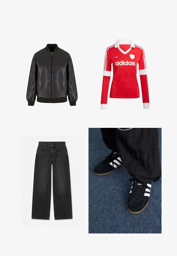Čierna kožená bomber bunda má predný zips, rebrované manžety a golier, s hladkou textúrou a uvoľneným strihom.; Červený futbalový dres s dlhým rukávom a bielym golierom a manžetami. Na ramenách sú tri biele pruhy a výrazne zobrazené logo "adidas".; Čierne široké rifle s predným zapínaním na gombík a zips, pútkami na opasok a dizajnom s piatimi vreckami na bielom pozadí.; Čierne roháčiky z semišu so tromi bielymi pruhmi a čiernymi šnúrkami. Texturované čierne nohavice sú čiastočne viditeľné vedľa topánok.