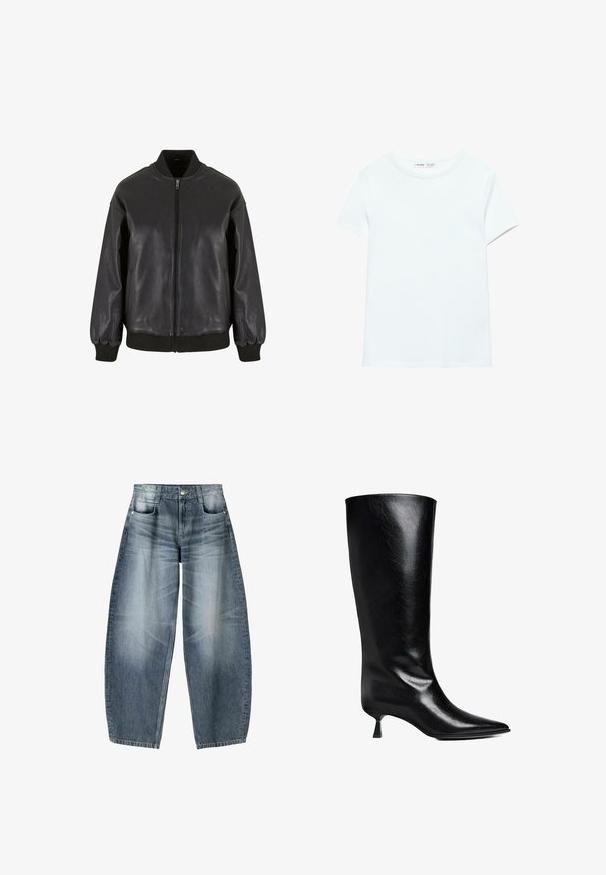 La veste bomber en cuir noir présente une fermeture éclair sur le devant, des poignets et un col côtelés, avec une texture lisse et un design à coupe décontractée.; T-shirt blanc uni en coton à manches courtes, col rond, présenté à plat sur un fond blanc, sans motifs ni logos visibles.; Jean large en denim bleu clair avec décoloration, présentant un design à cinq poches, un bouton de fermeture et des détails de couture minimaux.; Boot en cuir noir, montant jusqu'au genou, avec un bout pointu, une silhouette élancée et un talon carré bas, le tout avec une finition brillante.