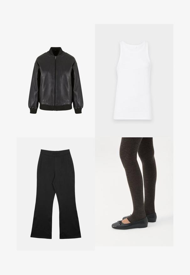 Sort læderbomberjakke med en forreste lynlås, ribbestrikkede manchetter og krave, en glat tekstur og et afslappet fit design.; Hvid bomulds tanktop med rund udskæring og brede skulderstropper. Stoffet er glat og tætsiddende, uden synlige mønstre eller udsmykninger.; Sorte vidde bukser lavet af glat stof, med en linning med plisseringer, lige snit og syningsdetaljer langs sidesømmene.; Ben iført mørke ribbede leggings kombineret med sorte balletsko med små sløjfedetaljer på hvid baggrund.
