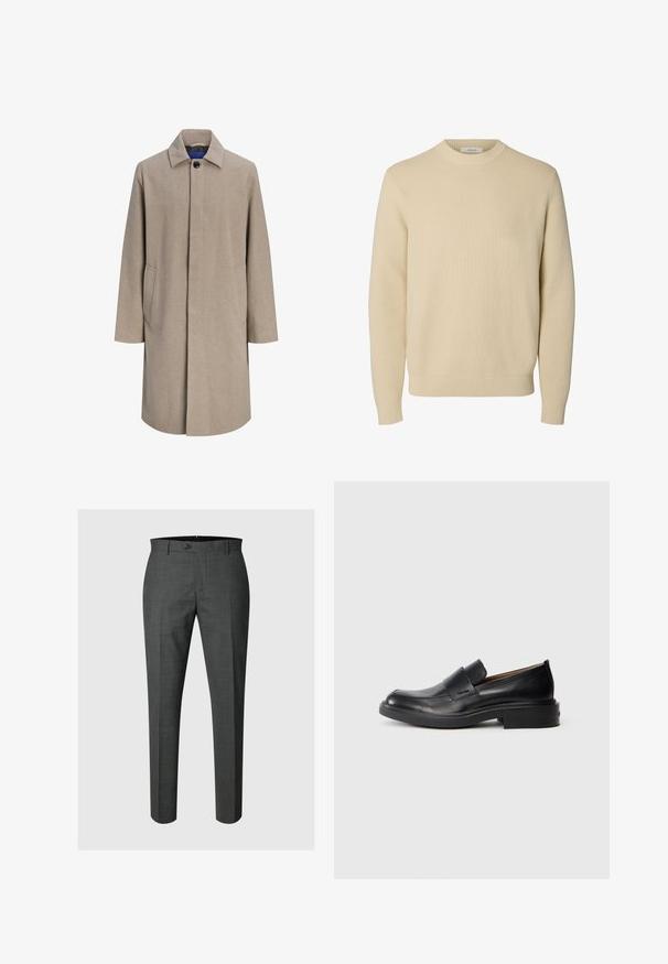 Manteau beige pour homme longueur genoux avec boutons cachés, col à cranté et poches latérales, présenté sur fond blanc.; Pull tricoté beige uni à col rond, manches longues avec poignets et bas côtelés.; Pantalon formel sur mesure gris foncé avec fermeture à bouton et passants de ceinture, présenté sur un fond gris clair.; Chaussure habillée noire en cuir, à enfiler, avec un petit talon et un logo Calvin Klein discret sur le côté, présentée de profil sur un fond blanc.