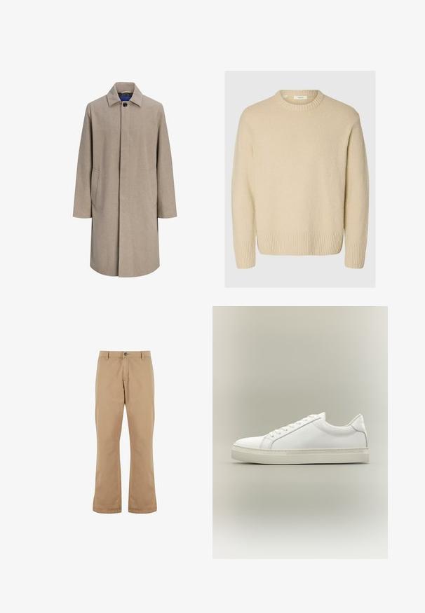 Manteau beige pour homme longueur genoux avec boutons cachés, col à cranté et poches latérales, présenté sur fond blanc.; Pull crème en tissu texturé. Présente un col rond côtelé et des poignets côtelés, avec une coupe décontractée et des manches longues.; Pantalons en coton beige à coupe droite, dotés d'une fermeture à bouton, de poches avant et d'une texture lisse.; Baskets blanches basses à lacets sur l’avant et semelle épaisse, vues de côté sur un fond neutre.