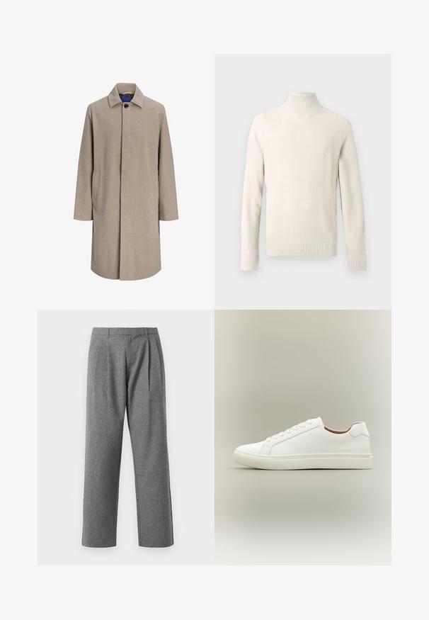Manteau beige pour homme longueur genoux avec boutons cachés, col à cranté et poches latérales, présenté sur fond blanc.; Pull en maille côtelée à col roulé de couleur crème, doté de manches longues et de bords côtelés, présenté sur un fond blanc.; Pantalons gris à jambes droites en tissu texturé, avec des plis à l'avant et une taille basique, sans poches visibles.; Baskets blanches basses avec fermeture à lacets et semelle plate, vues de côté sur un fond neutre.