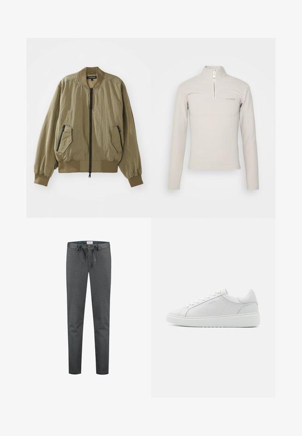 Ελαιοπράσινο bomber jacket φτιαγμένο από ελαφρύ ύφασμα, με φερμουάρ μπροστά, ριμπ μανσέτες και δύο γωνιακές τσέπες με φερμουάρ στο μπροστινό μέρος.; Han Kjøbenhavn LOGO HALF ZIP SHARP LONG SLEEVE - Μπλούζα με μακριά μανίκια - grey; Γκρίζες, ελαστικές παντελόνες με απαλό υφή, με κορδόνι στη μέση και κουμπί κλεισίματος. Διαθέτουν λεπτή εφαρμογή και ελάχιστες ορατές ραφές.; Λευκό δερμάτινο αθλητικό παπούτσι με λεία υφή, στρογγυλή μύτη, χαμηλού προφίλ σχεδίαση και διακριτική σήμανση στο πλάι. Μαλακός γιακάς και κορδόνια.