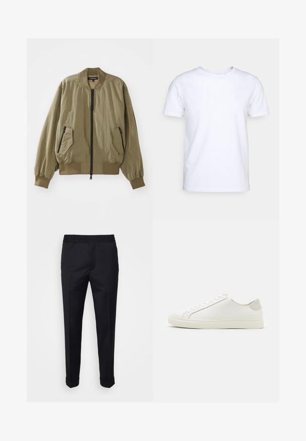 Ελαιοπράσινο bomber jacket φτιαγμένο από ελαφρύ ύφασμα, με φερμουάρ μπροστά, ριμπ μανσέτες και δύο γωνιακές τσέπες με φερμουάρ στο μπροστινό μέρος.; Λευκό κοντομάνικο μπλουζάκι από βαμβακερό ύφασμα με στρογγυλή λαιμόκοψη. Απλός σχεδιασμός χωρίς μοτίβα ή λεπτομέρειες. Λείο υφή.; Μαύρο παντελόνι από ελαφρύ ύφασμα, με ελαστική μέση, πλαϊνές τσέπες και γυρισμένα μπατζάκια. Μαλακή υφή με μπροστινές πτυχές.; Λευκό δερμάτινο αθλητικό παπούτσι με απλή επιφάνεια, στρογγυλή μύτη και μινιμαλιστικό σχέδιο. Διαθέτει μπεζ λεπτομέρειες στη φτέρνα και καουτσούκ σόλα.