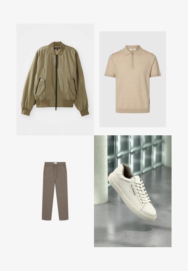 Olivenfarvet bomberjakke lavet af letvægtsstof med lynlås foran, ribbede manchetter og to skrå lynlås-lommer på forsiden.; Beige polo-shirt med korte ærmer, lynlås i kraven og tætsiddende kant, lavet af let strikstof.; Les Deux COMO TAPERED DRAWSTRING PANTS - Bukser - bungee cord; Hvid AllSaints sneaker med snørebånd, logo og japansk tekst hængende over en poleret betongulv med frostede glasblokke i baggrunden.