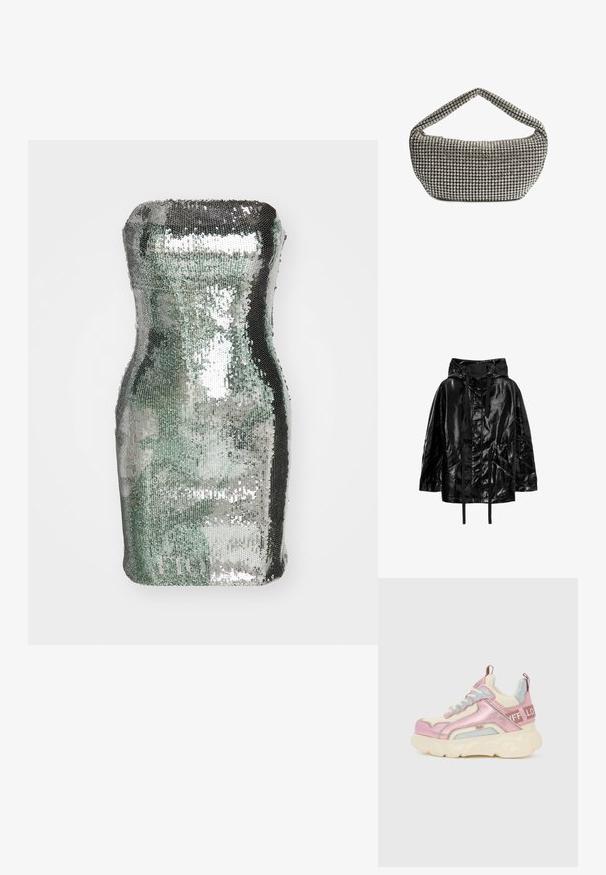 Zwarte, glanzende, waterdichte jas met capuchon, voorzien van trekkoorden en twee voorzakken, met een relaxte pasvorm en een gladde textuur.; Cilindrische tas bedekt met pailletten in zilver- en groentinten, met een gladde textuur en reflecterend oppervlak, met een gebogen silhouette.; Roze en crèmekleurige sneaker met een gevoerde, gestructureerde bovenkant, zilveren accenten, dikke zool en contrasterende veters. Voorzien van een logo aan de zijkant en hak.; Zwarte handtas met een gebogen vorm, bedekt met kleine zilveren strass-steentjes, voorzien van een glad, breed handvat dat zachtjes afloopt.