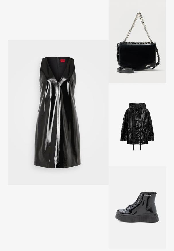 Chaqueta negra, brillante e impermeable con capucha, que cuenta con cordones y dos bolsillos frontales, con un ajuste relajado y una textura suave.; Vestido negro sin mangas con escote en V y acabado brillante y reflectante; presenta una cremallera central y un diseño minimalista.; Botas negras de charol hasta el tobillo con una suela de plataforma texturizada, forro de piel sintética y ojales metálicos. Marca en el lateral.; Bolso bandolera de piel negra patentada con una cadena plateada y una correa de hombro desmontable, con un diseño sencillo y el logo de DKNY.