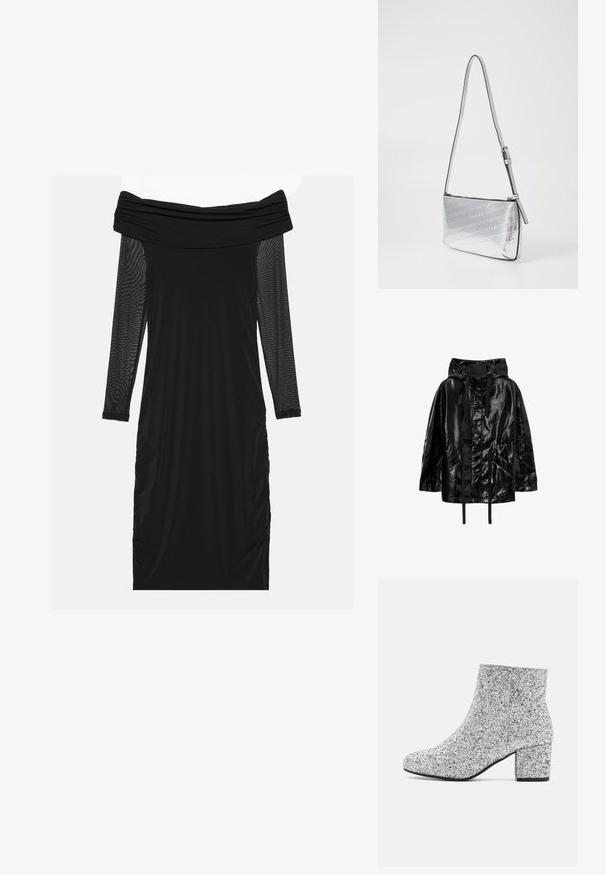 Zwarte, glanzende, waterdichte jas met capuchon, voorzien van trekkoorden en twee voorzakken, met een relaxte pasvorm en een gladde textuur.; Zwarte off-shoulder jurk met lange doorzichtige mouwen van gaas, gerimpelde zijkanten, gladde stof en een aansluitende silhouet.; Zilveren glitteren enkellaarsjes met een ronde neus, blokhak en een gladde textuur. Heeft een glinsterend oppervlak zonder zichtbare hardware.; Zilveren schoudertas met een strak ontwerp, gegraveerd logo patroon, verstelbare schouderband en een gladde metallic textuur. Met ritssluiting.