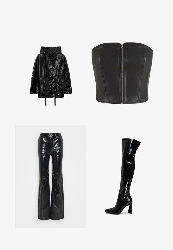 Chaqueta negra, brillante e impermeable con capucha, que cuenta con cordones y dos bolsillos frontales, con un ajuste relajado y una textura suave.; Top de corsé de cuero negro con un ajuste estructurado. Presenta una cremallera central de plata y detalles de costura a lo largo del cuerpo. Textura suave.; Pantalones de imitación de cuero negros con un acabado brillante, con cintura alta, bolsillos frontales y detalles en hardware plateado.; Botas hasta el muslo de charol negro con punta afilada, tacón cuadrado y textura lisa y brillante. No tienen herrajes visibles.